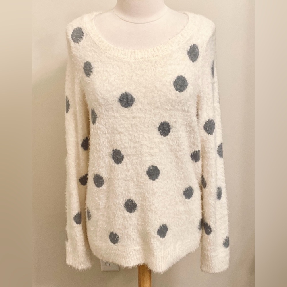 LC Lauren Conrad Cream Grey Polka Dot XL Soft Girl Cottagecore Fuzzy Sweater